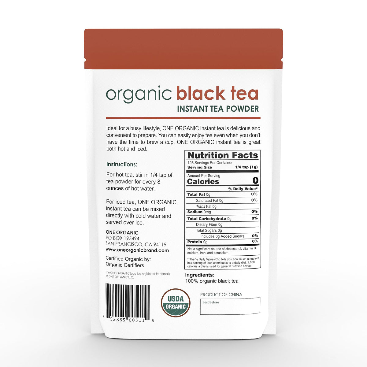 One Organic instant tea powder scoop into cup for quick, convenient tea.