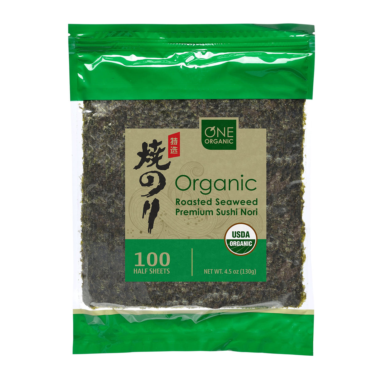 One Organic Sushi Nori premium roasted seaweed half-sheet close-up, ideal for light, flavorful sushi rolls.