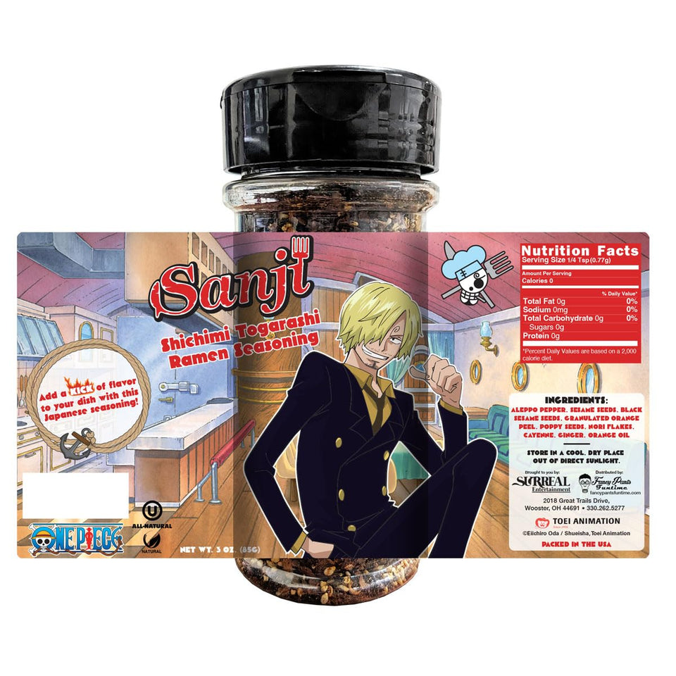 One Piece Sanji Shichimi Togarashi spice jar enhances ramen with bold aroma and heat.