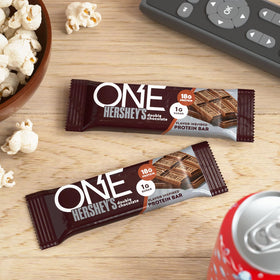 ONE Protein Bars Hershey's Double Chocolate on office desk snack