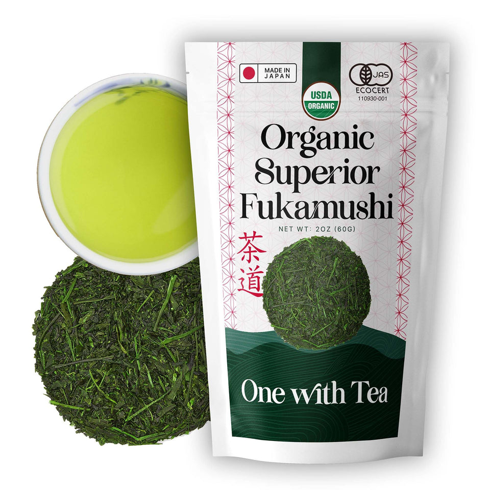 One With Tea Fukamushi Sencha leaves close-up for rich umami flavor.