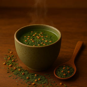 ONE WITH TEA Genmaicha brewing setup with teapot, inviting aroma.