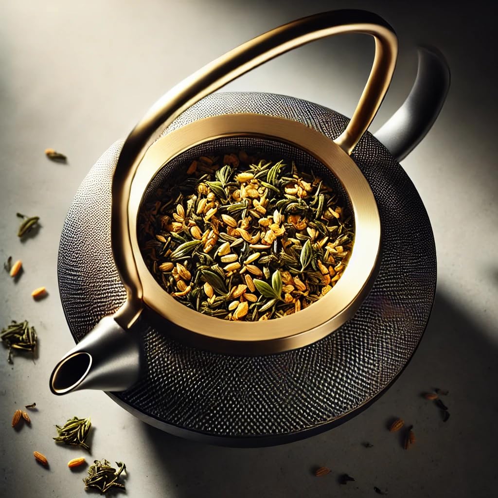 ONE WITH TEA Genmaicha cup with steam, soothing color and texture.