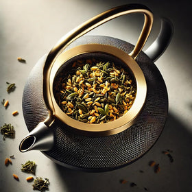 ONE WITH TEA Genmaicha cup with steam, soothing color and texture.