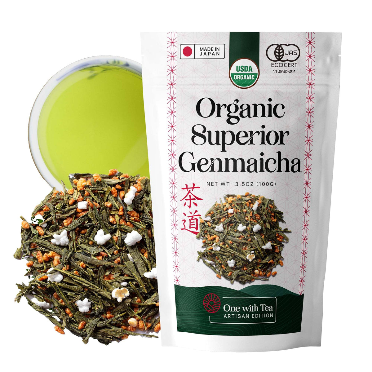 ONE WITH TEA Genmaicha loose leaf tea with nutty aroma for a calming ritual.
