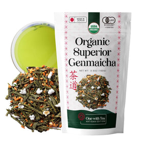 ONE WITH TEA Genmaicha loose leaf tea with nutty aroma for a calming ritual.