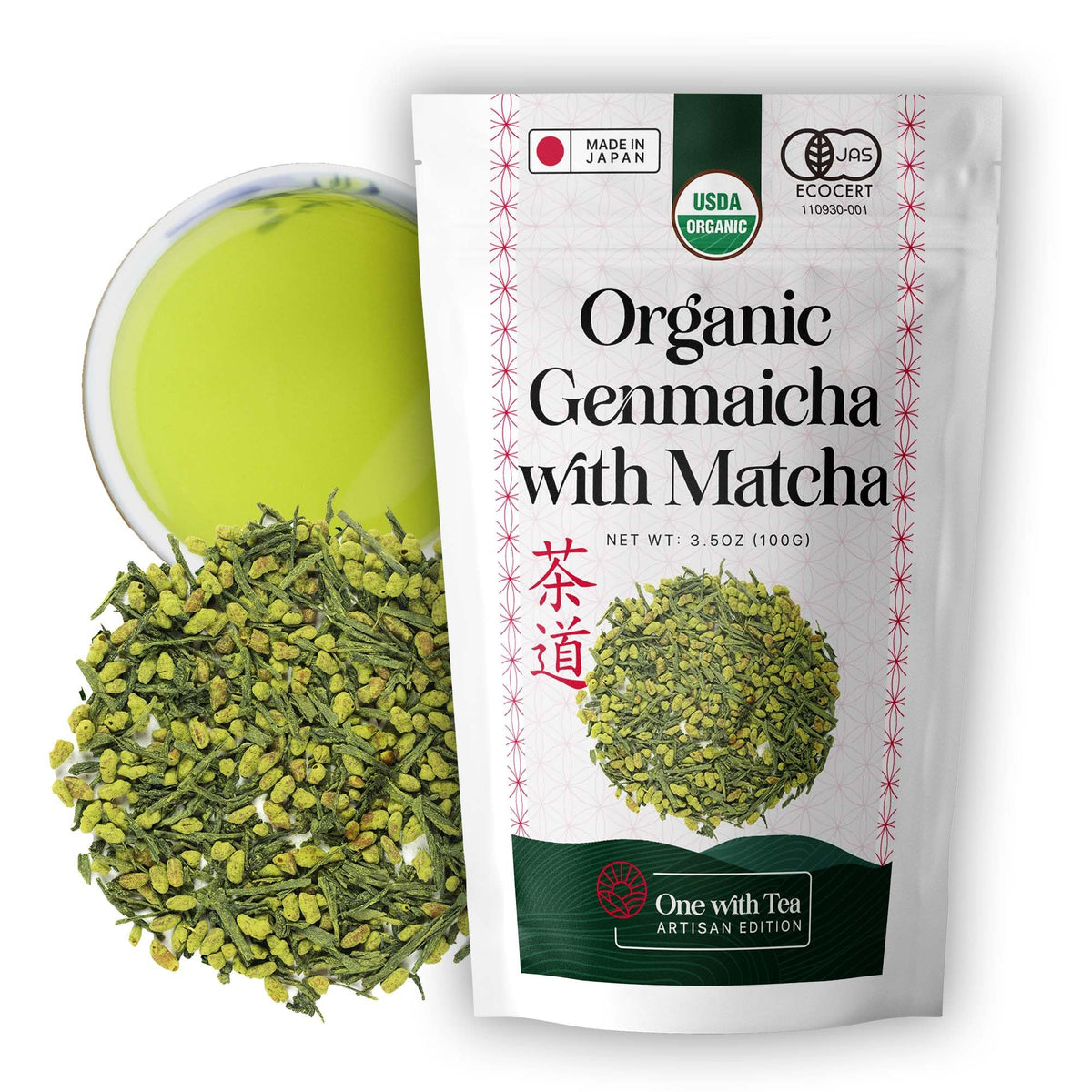ONE WITH TEA Genmaicha loose leaves close-up, nutty aroma and vibrant greens.