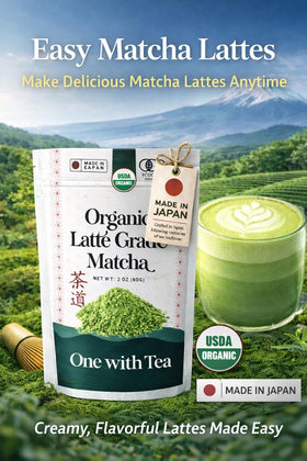 ONE WITH TEA latte grade matcha with frothy milk for a silky latte look.