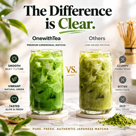 ONE WITH TEA latte-ready cup with frothy milk for creamy matcha beverages.