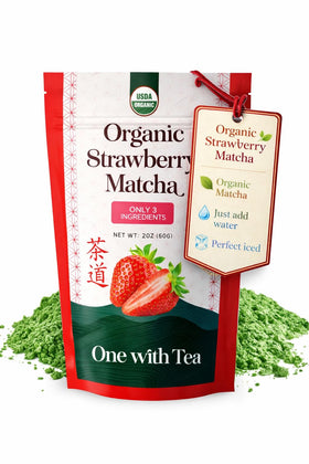 ONE WITH TEA Organic Strawberry Matcha iced latte pack for quick fruity lattes