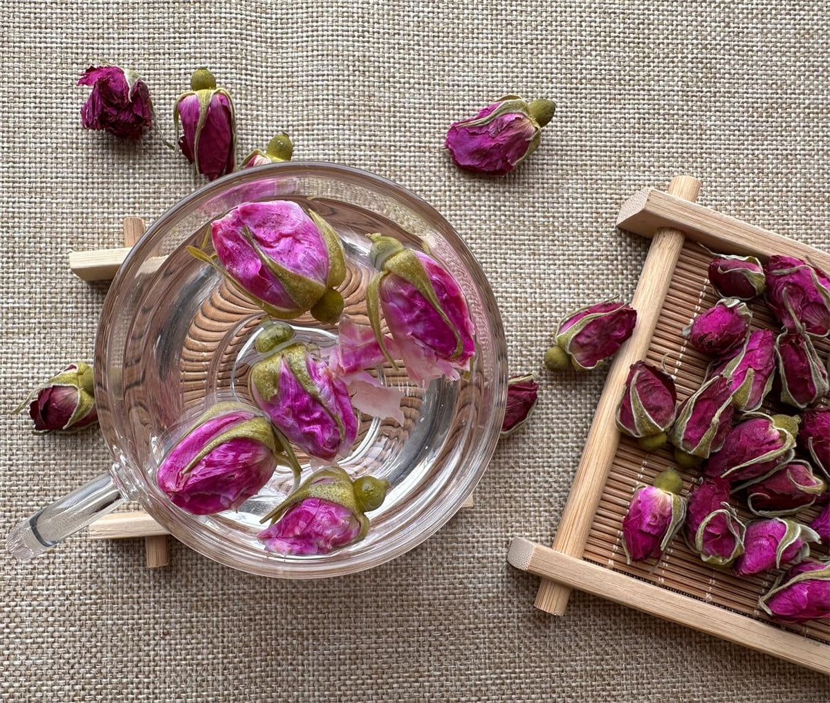 OneDove dried rose buds close-up, perfect for homemade rose water and cosmetics.