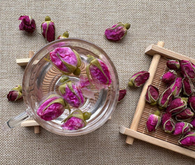 OneDove dried rose buds close-up, perfect for homemade rose water and cosmetics.