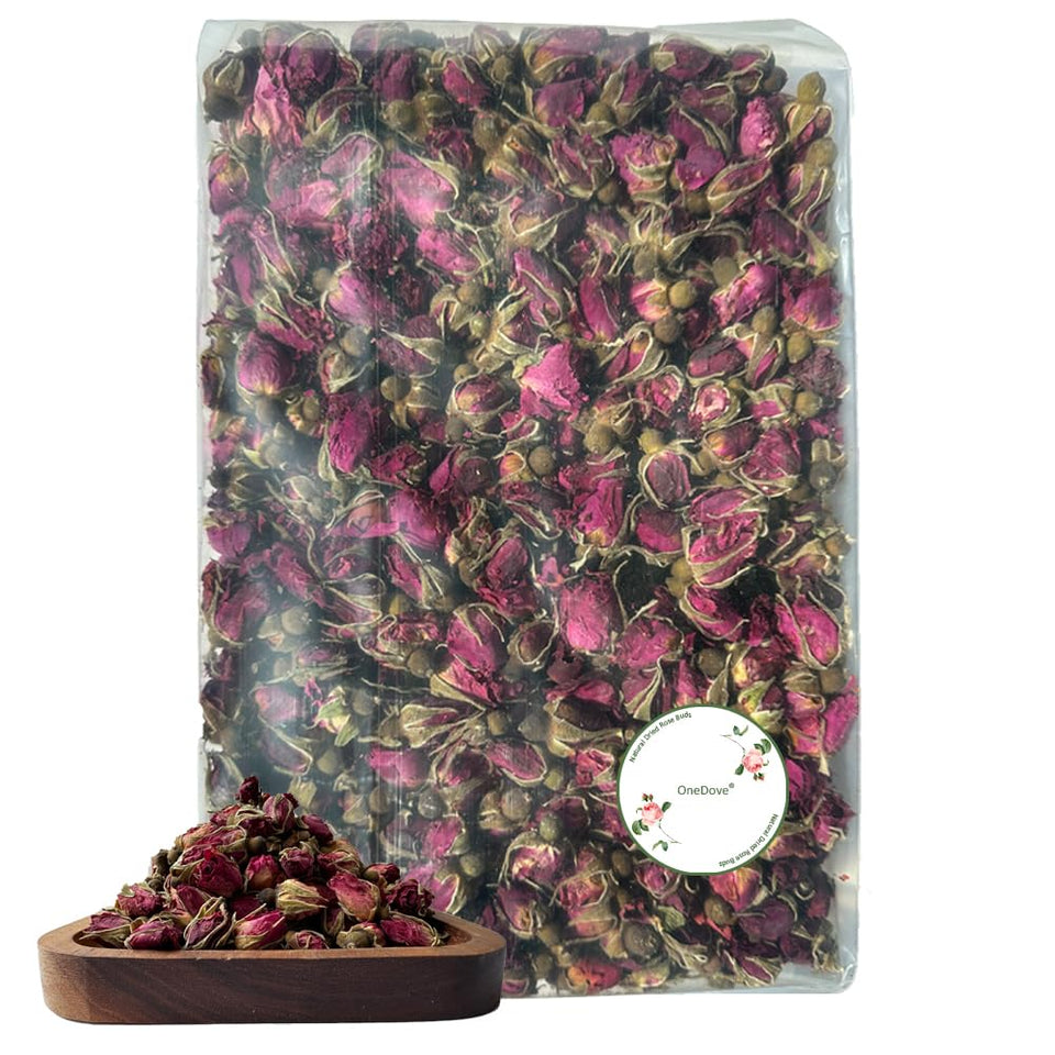 OneDove dried rose petals close-up in a bag, ideal for tea infusions.