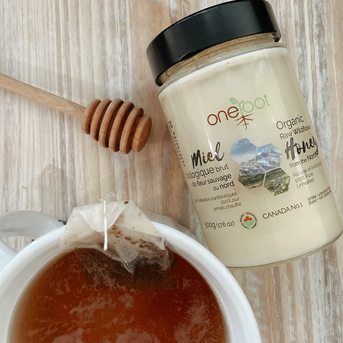 OneRoot nutrients and enzymes honey emphasizing nutrient-rich, enzyme-packed content.