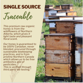 OneRoot organic honey label highlighting pesticide-free Canadian wildflower nectar.