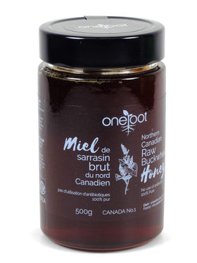 OneRoot raw buckwheat honey jar shows rich color and natural enzymes.