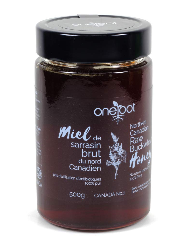 OneRoot raw buckwheat honey jar shows rich color and natural enzymes.