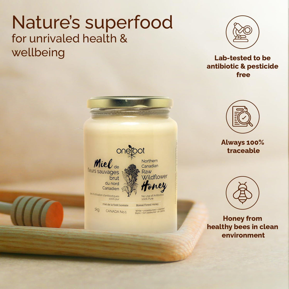 OneRoot raw unheated honey jar emphasizes natural, unfiltered authenticity.