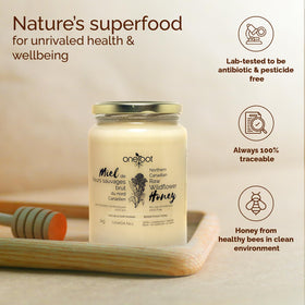 OneRoot raw unheated honey jar emphasizes natural, unfiltered authenticity.
