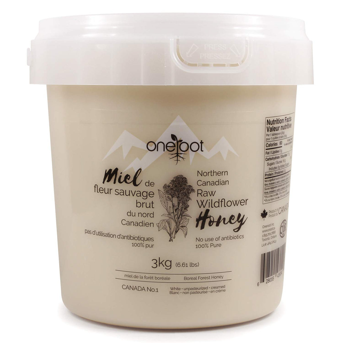OneRoot wildflower honey jar showcasing premium Canadian flavor and purity.
