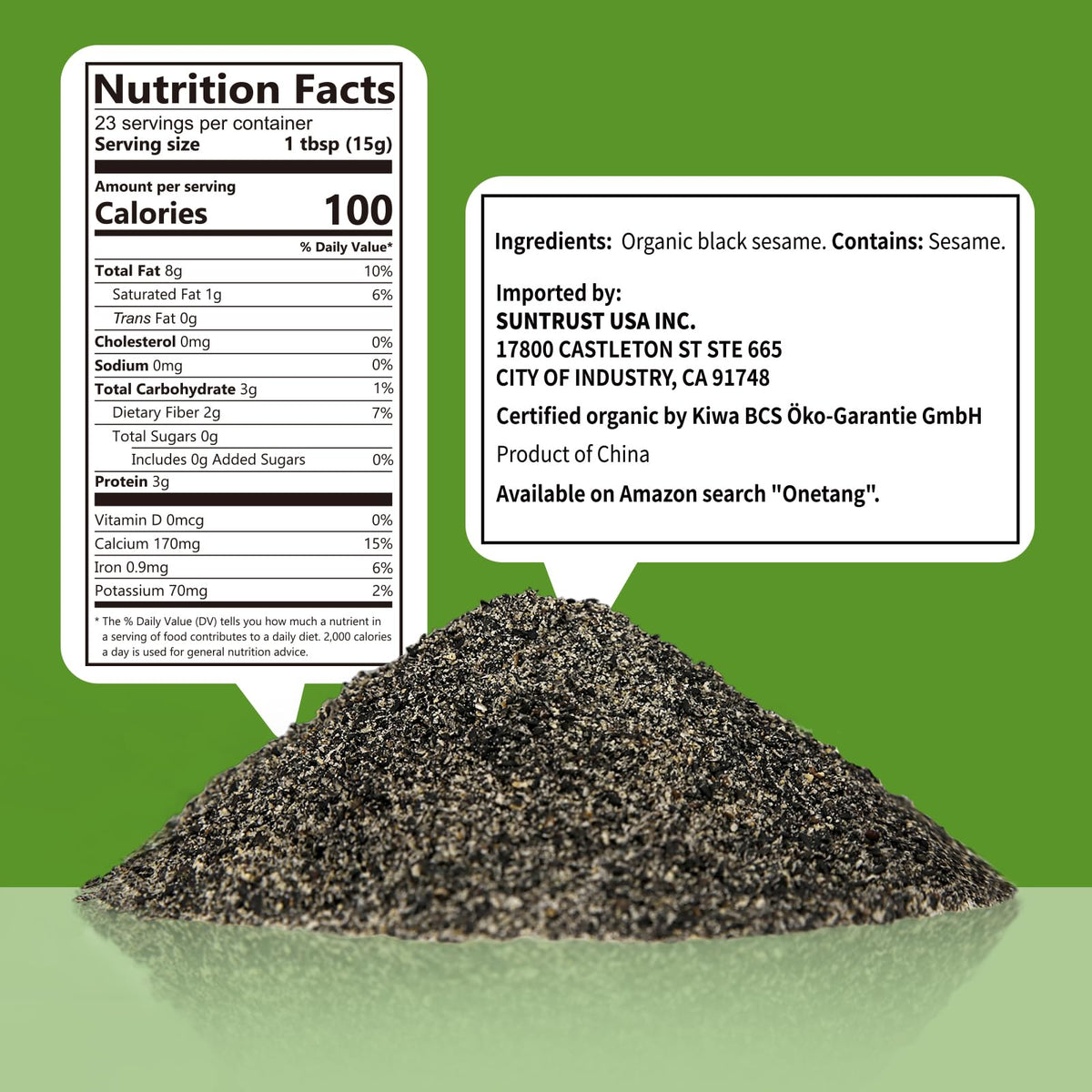 ONETANG Black Sesame Powder jar close-up reveals fine texture and nutty aroma.