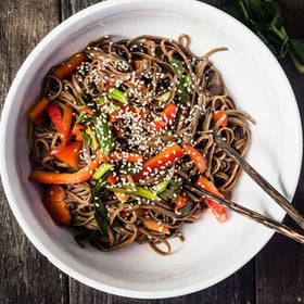 ONETANG buckwheat spaghetti raw ingredients displayed for wholesome, clean-label appeal.
