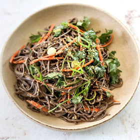 ONETANG gluten-free buckwheat spaghetti served in a colorful plate, ready for sauce.