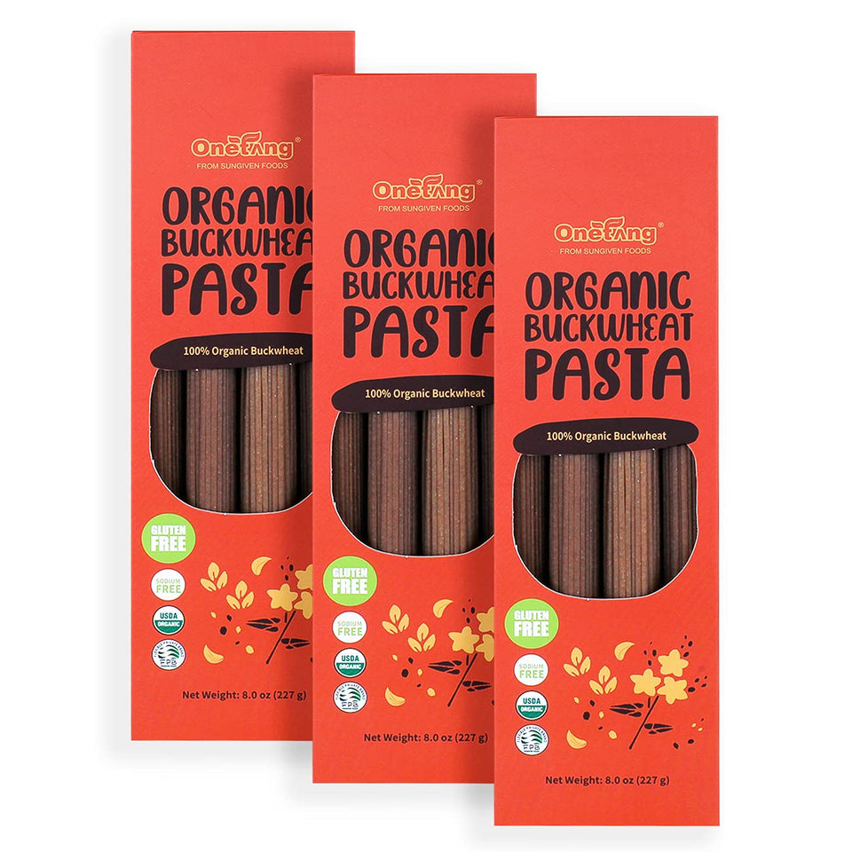 ONETANG gluten-free buckwheat spaghetti packaging front shows organic ingredients and Non-GMO badge.