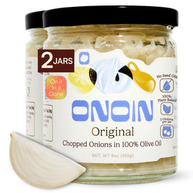 ONOIN chopped onions in olive oil in a glass jar ready to boost sauces