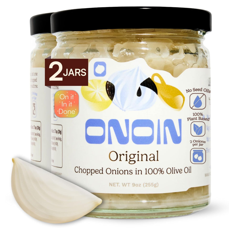 ONOIN chopped onions in olive oil in a glass jar ready to boost sauces