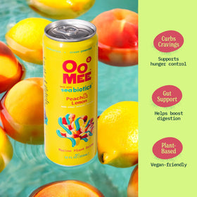 OoMee prebiotic drink blueberry-elderflower can with berry notes and light sweetness.