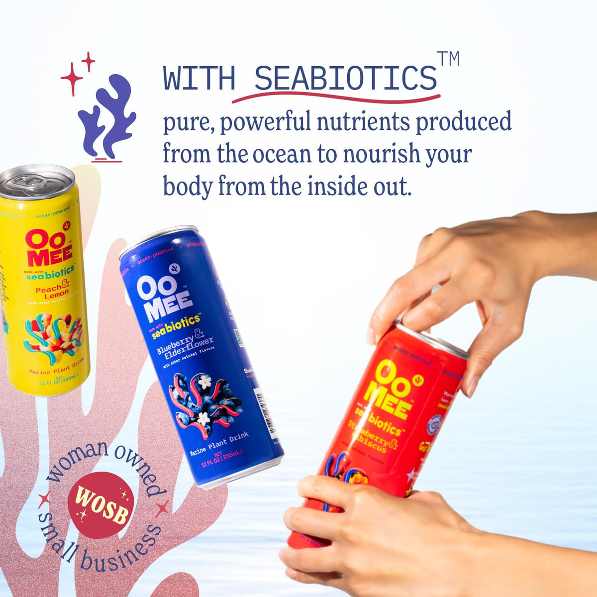 OoMee prebiotic drink strawberry-hibiscus can offers vibrant color and snack alternative.