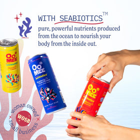 OoMee prebiotic drink strawberry-hibiscus can offers vibrant color and snack alternative.