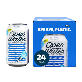 Open Water Still cans in a 24-pack front view for on-the-go hydration.