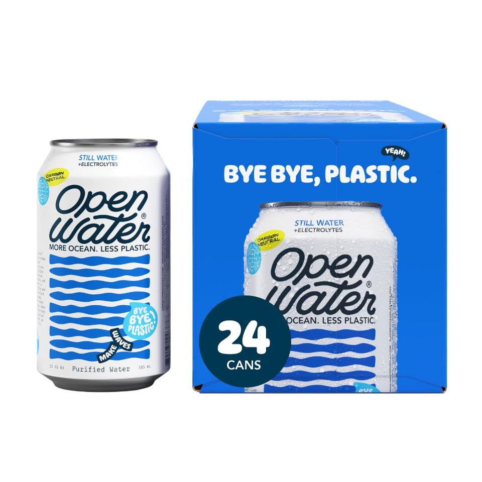 Open Water Still cans in a 24-pack front view for on-the-go hydration.