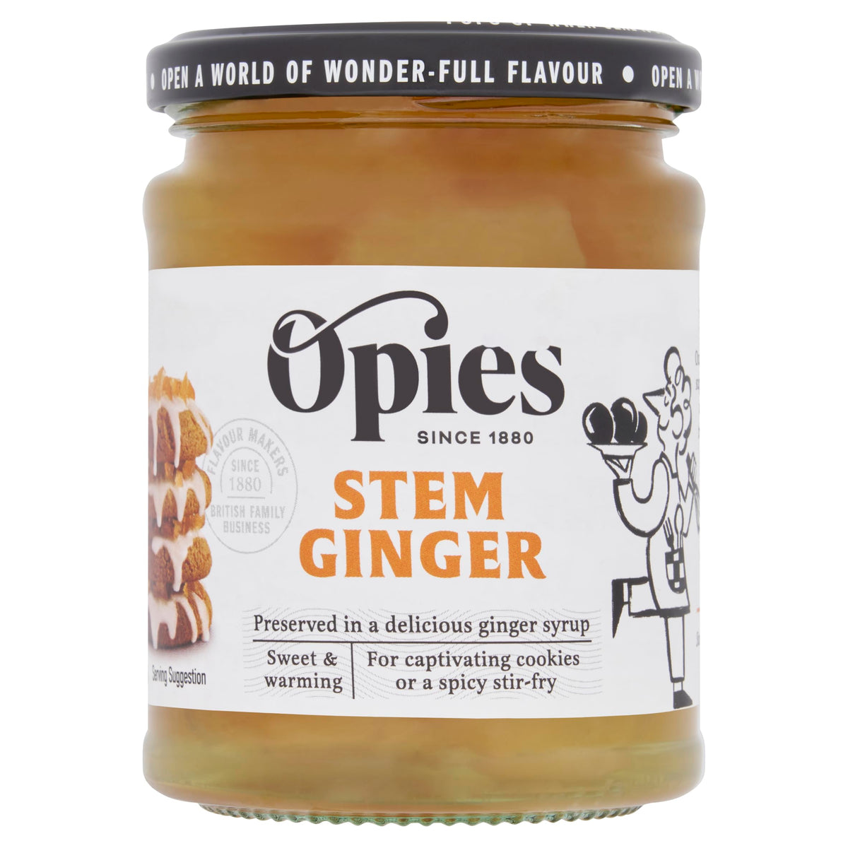 Opies Stem Ginger in Syrup jar displaying tender slices; perfect for desserts and rhubarb.