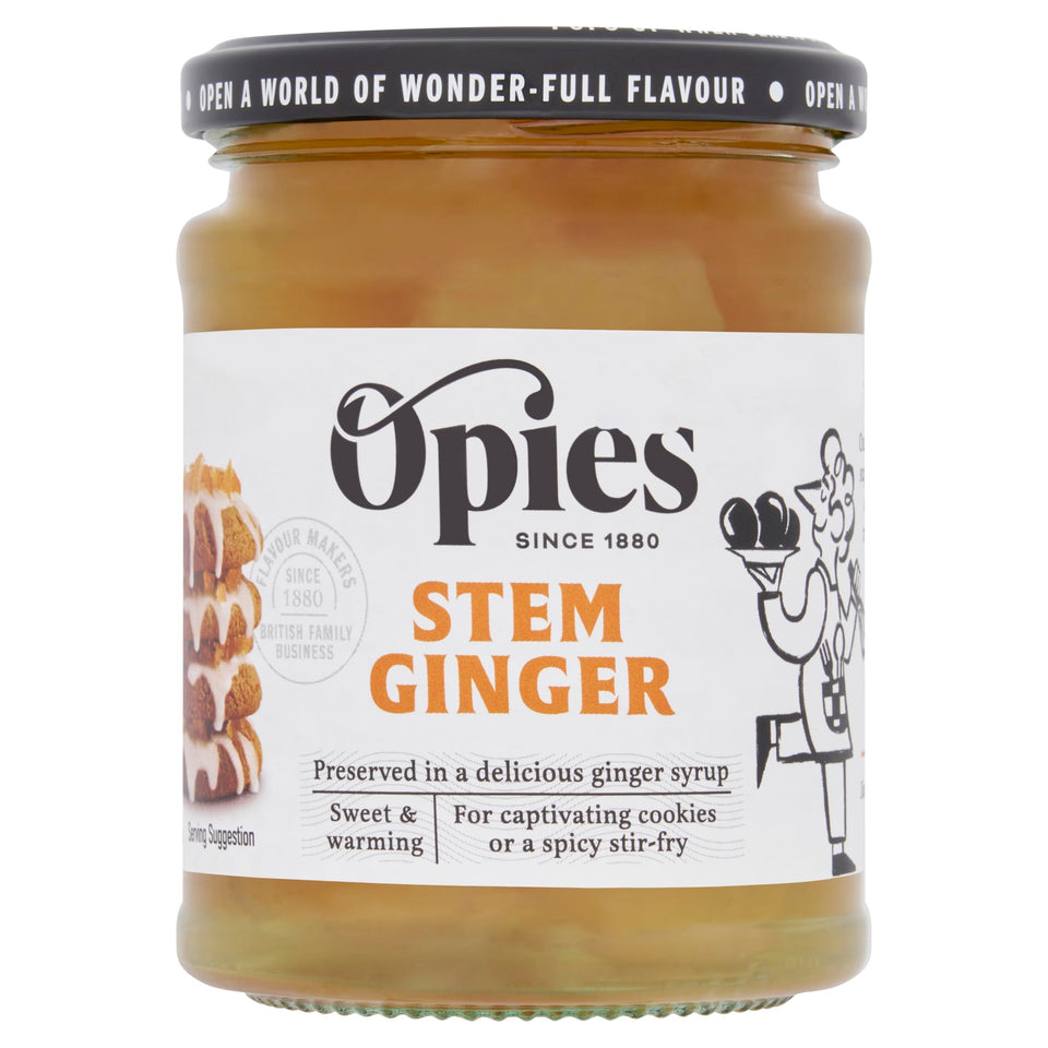 Opies Stem Ginger in Syrup jar displaying tender slices; perfect for desserts and rhubarb.