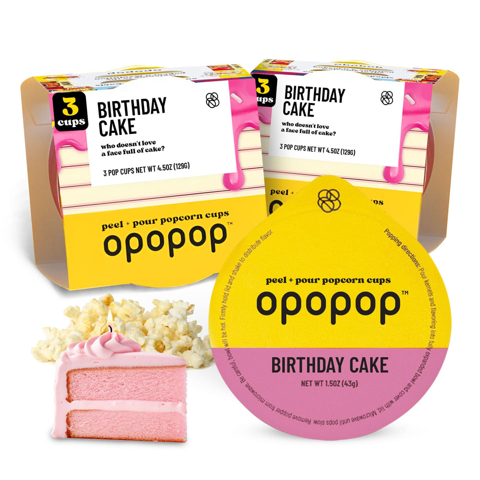 Opopop Birthday Cake popcorn cups close-up with vanilla aroma for quick snacking