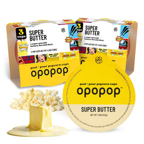 Opopop butter popcorn cups front view in a 6-pack for quick movie-night snacking