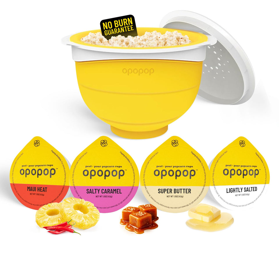 Opopop collapsible popcorn popper with four gourmet cups, space-saving kitchen essential.