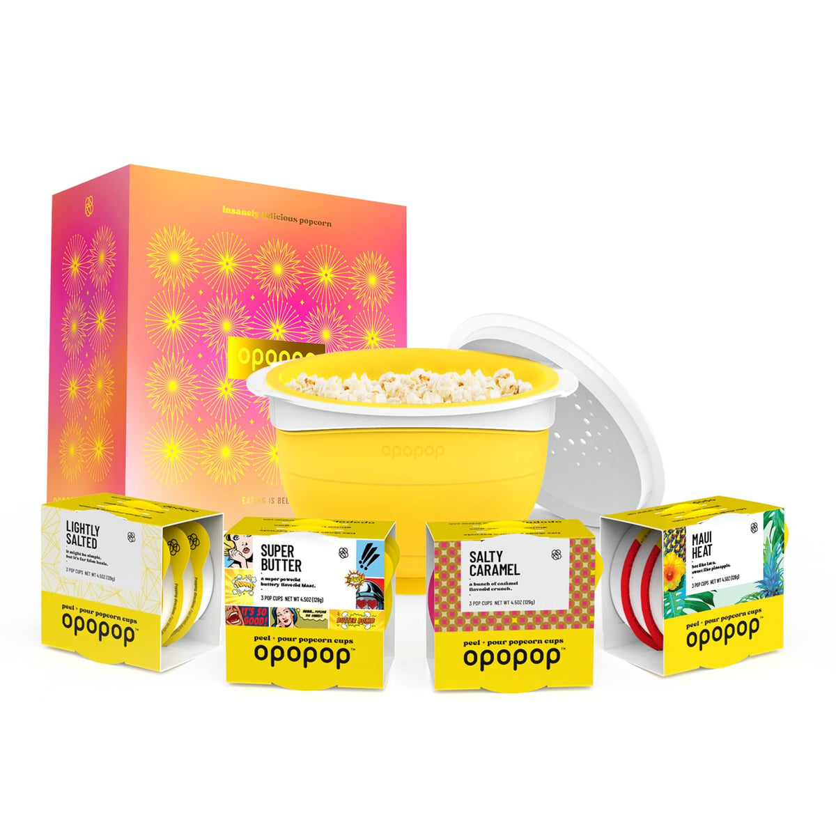 Opopop collapsible popcorn popper shown with fluffy popcorn; space-saving microwave design.