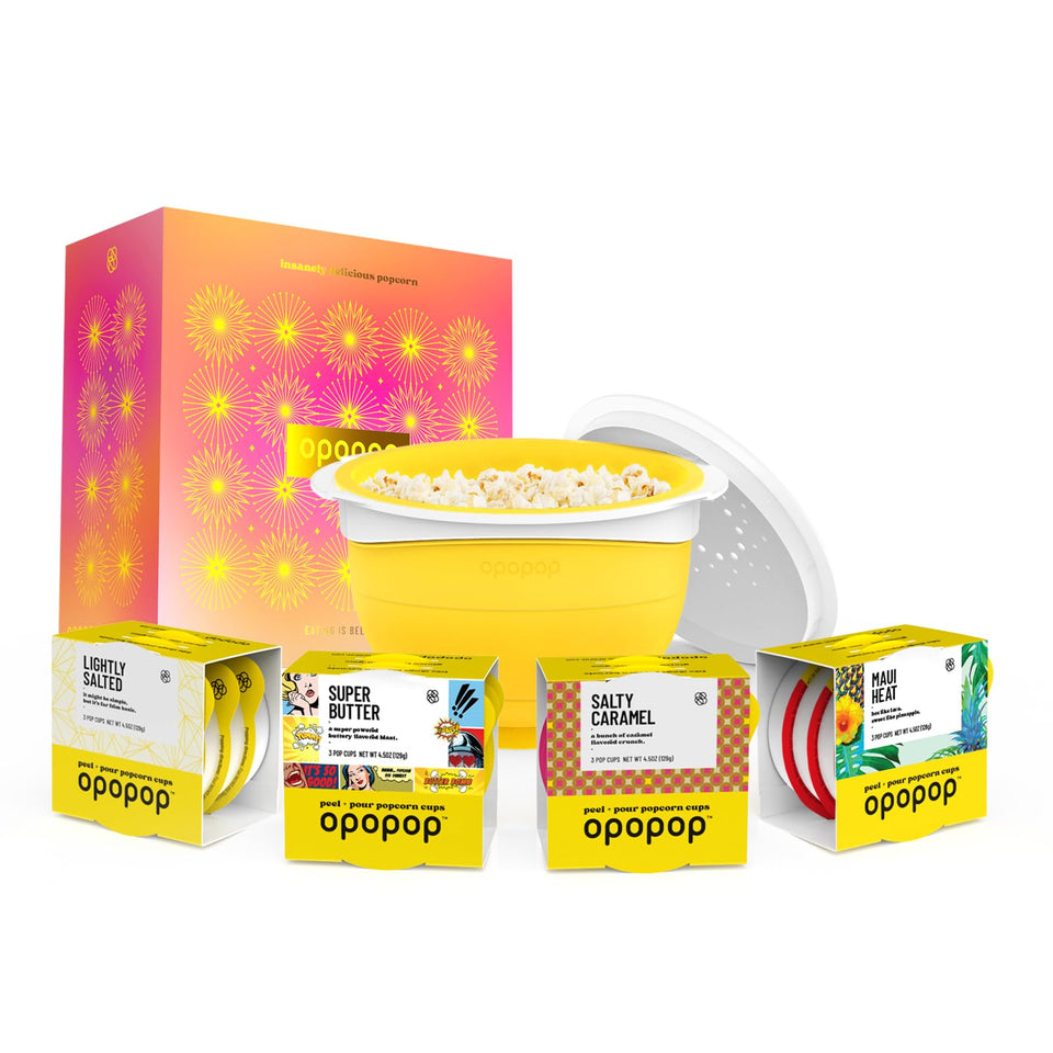 Opopop collapsible popcorn popper shown with fluffy popcorn; space-saving microwave design.