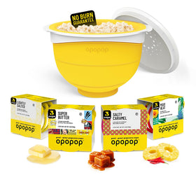 Opopop collapsible popcorn popper in action, saving space on the counter.