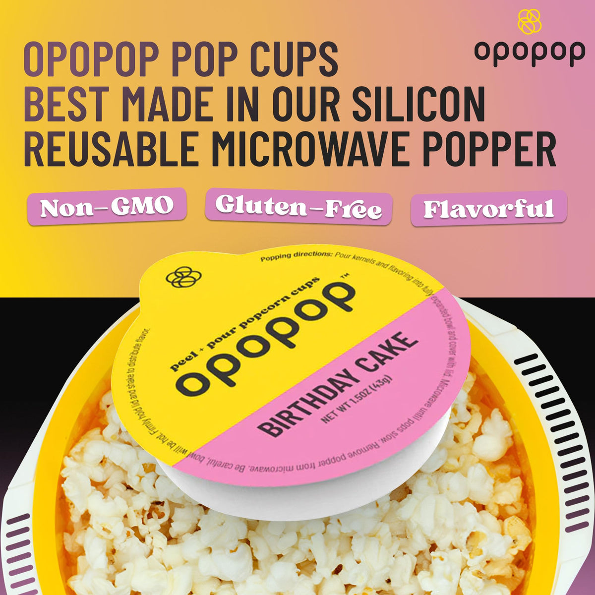 Opopop gluten free non-gmo label close-up on packaging
