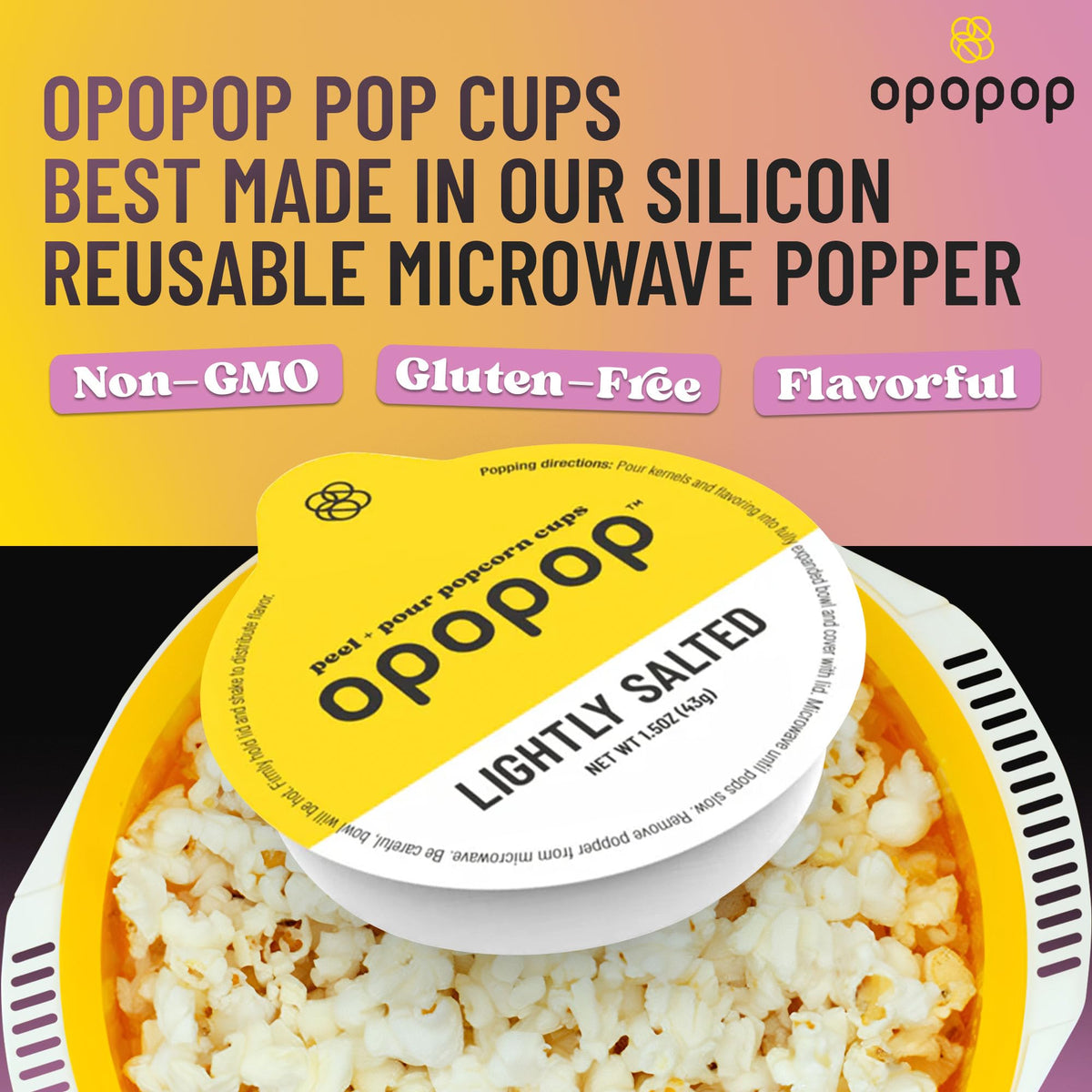 Opopop gluten-free non-GMO label emphasizes dietary-friendly snack options.