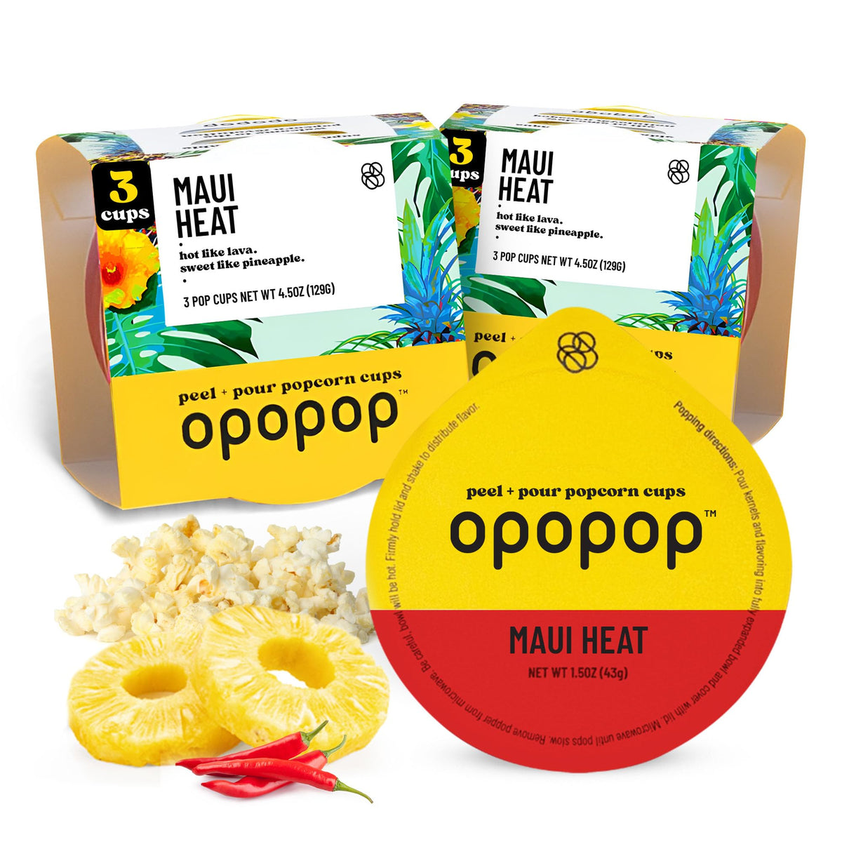 Opopop Maui Heat pop cups front view, showcasing convenient single-serve snacking