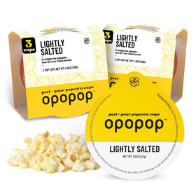 Opopop pop cups lightly salted 6-pack on kitchen counter for quick snacking.