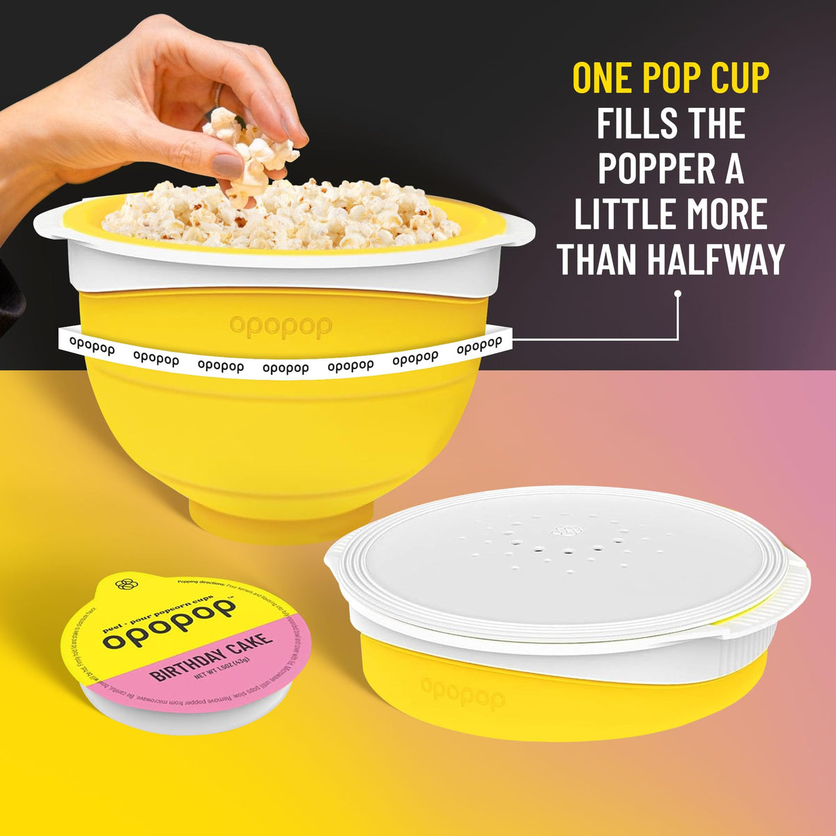 Opopop popcorn oil and kernels inside cup for easy prep