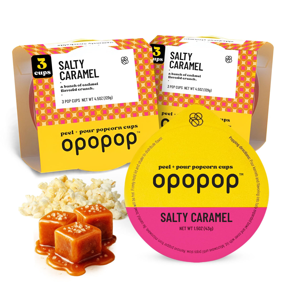 Opopop salted caramel pop cups 6-pack, ready for flavorful snacking.