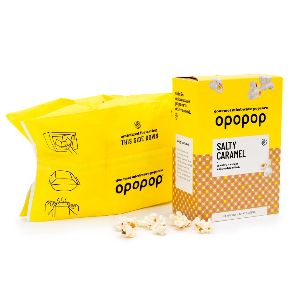 Opopop salty caramel microwave popcorn bag ready for quick snacking